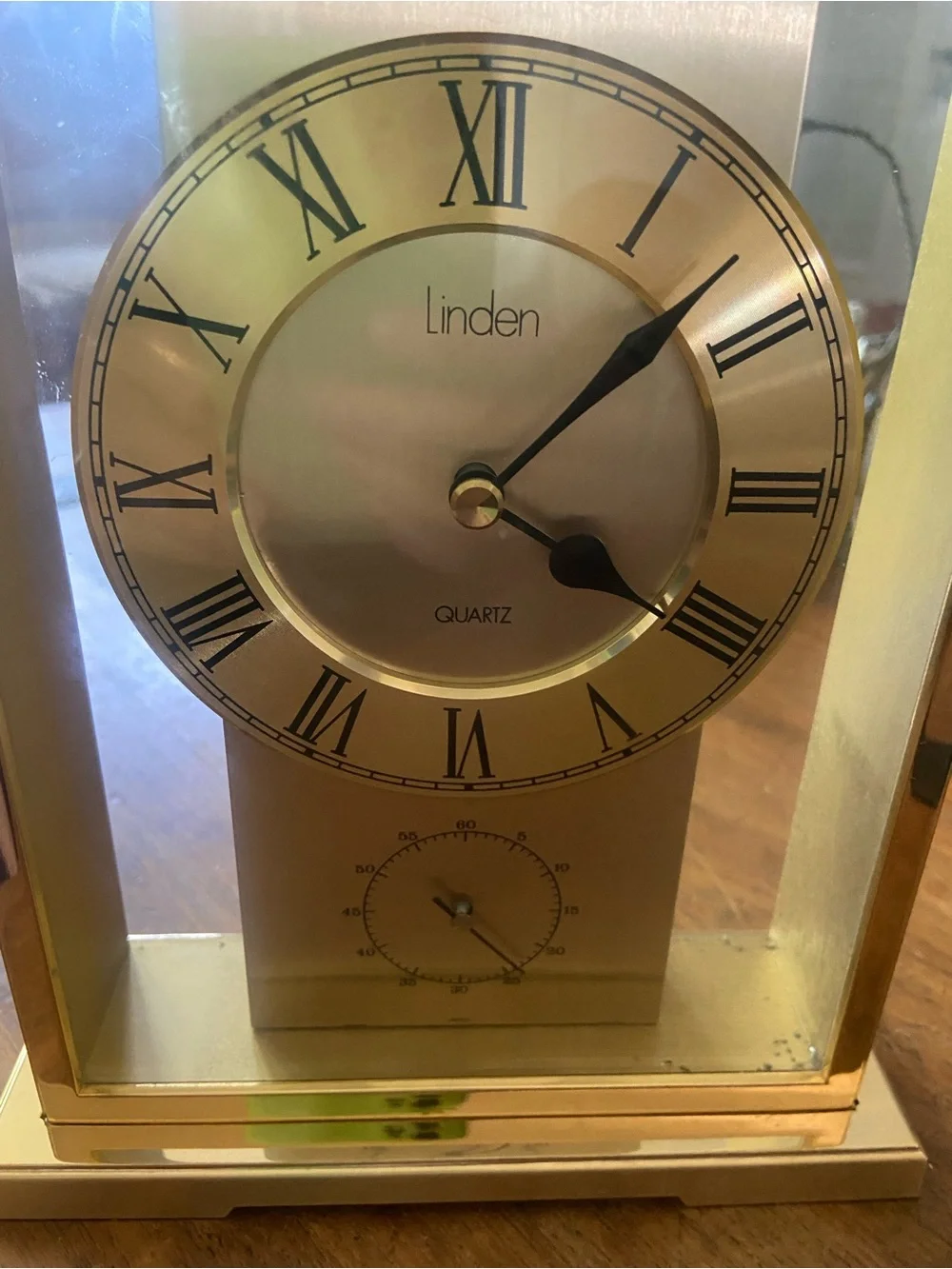Vintage Linden Gold-Tone Glass-Frame Mantel Clock with Roman Dial
